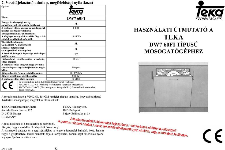 1,05 kwh Tisztítási hatékonyság: (A magasabb-g alacsonyabb) A Szárítási hatékonyság: (A magasabb-g alacsonyabb) A A készülék befogadó képessége, szabványos 12 teríték esetén: Ciklusonkénti