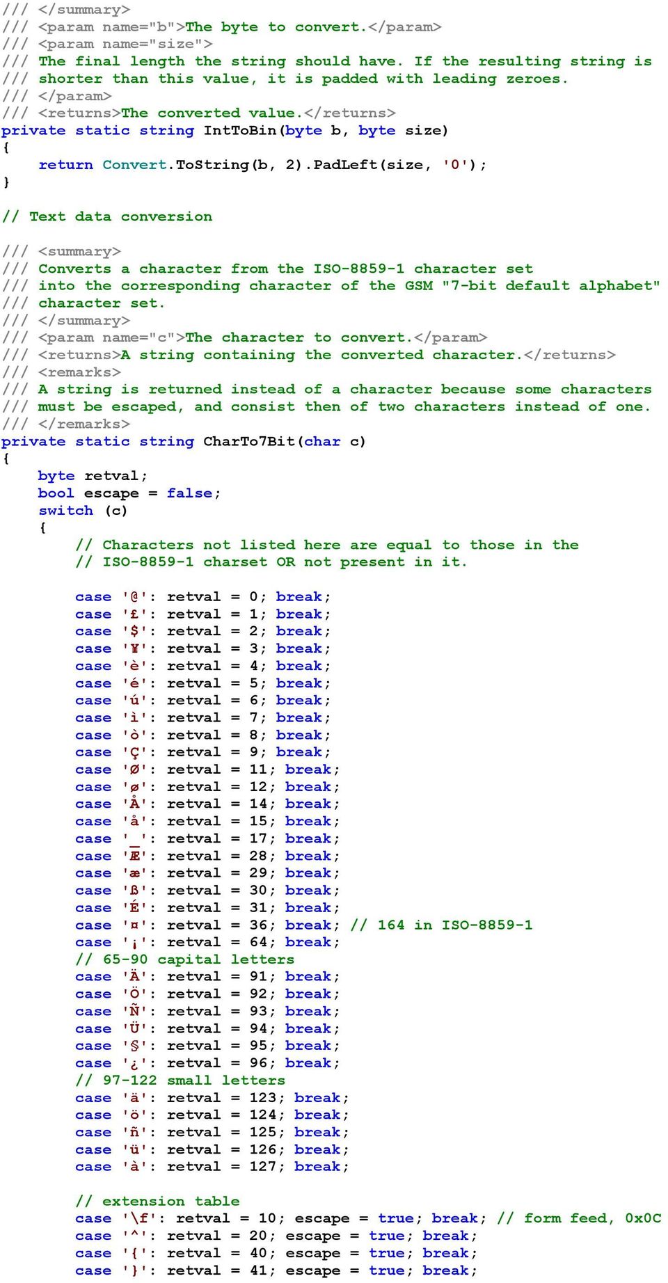 PadLeft(size, '0'); // Text data conversion /// Converts a character from the ISO-8859-1 character set /// into the corresponding character of the GSM "7-bit default alphabet" /// character set.