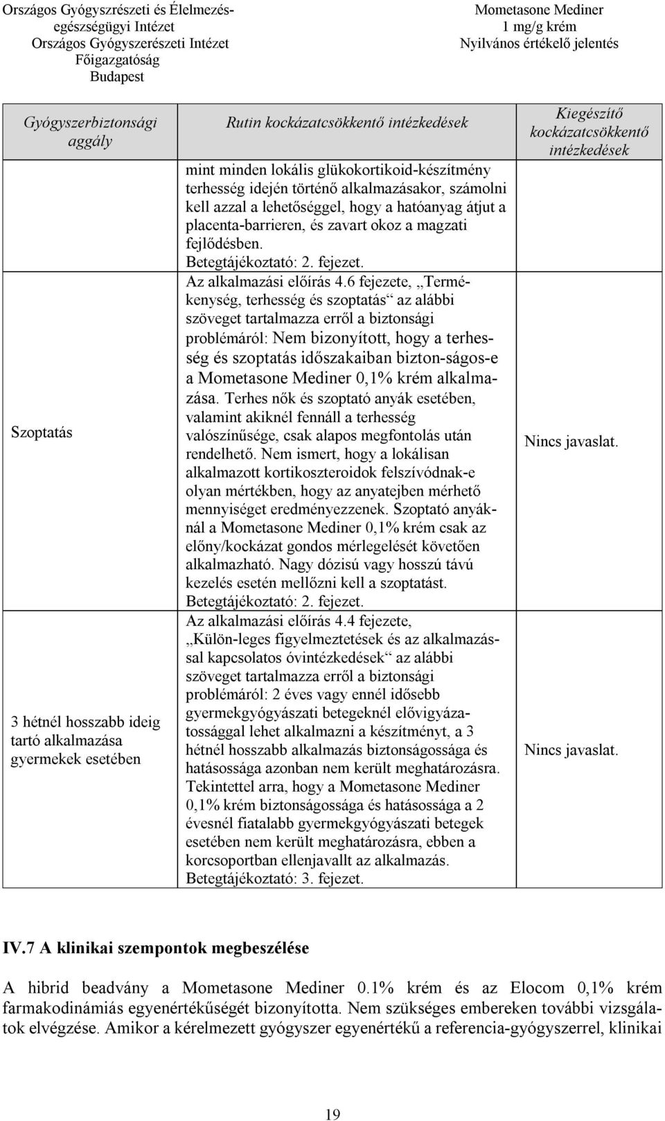 6 fejezete, Termékenység, terhesség és szoptatás az alábbi szöveget tartalmazza erről a biztonsági problémáról: Nem bizonyított, hogy a terhesség és szoptatás időszakaiban bizton-ságos-e a 0,1% krém