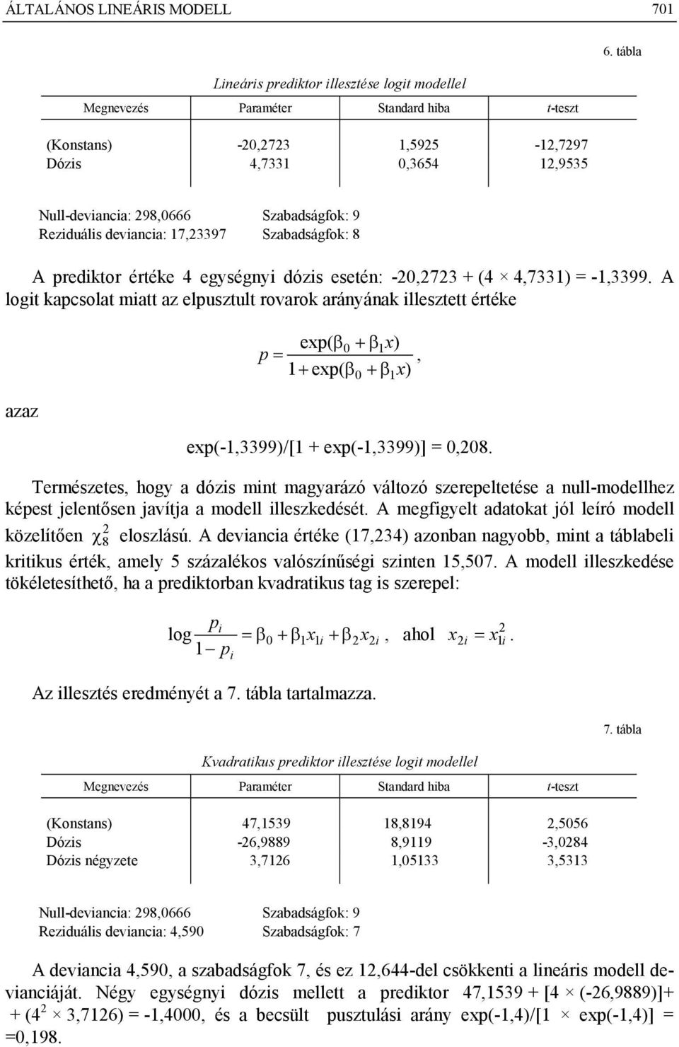A logit kapcsolat miatt az elpusztult rovarok arányának illesztett értéke azaz exp( 0 1x) p, 1 exp( x) exp(-1,3399)/[1 + exp(-1,3399)] = 0,08.