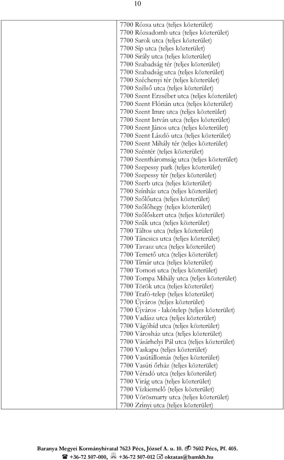 Szent Flórián utca (teljes közterület) 7700 Szent Imre utca (teljes közterület) 7700 Szent István utca (teljes közterület) 7700 Szent János utca (teljes közterület) 7700 Szent László utca (teljes