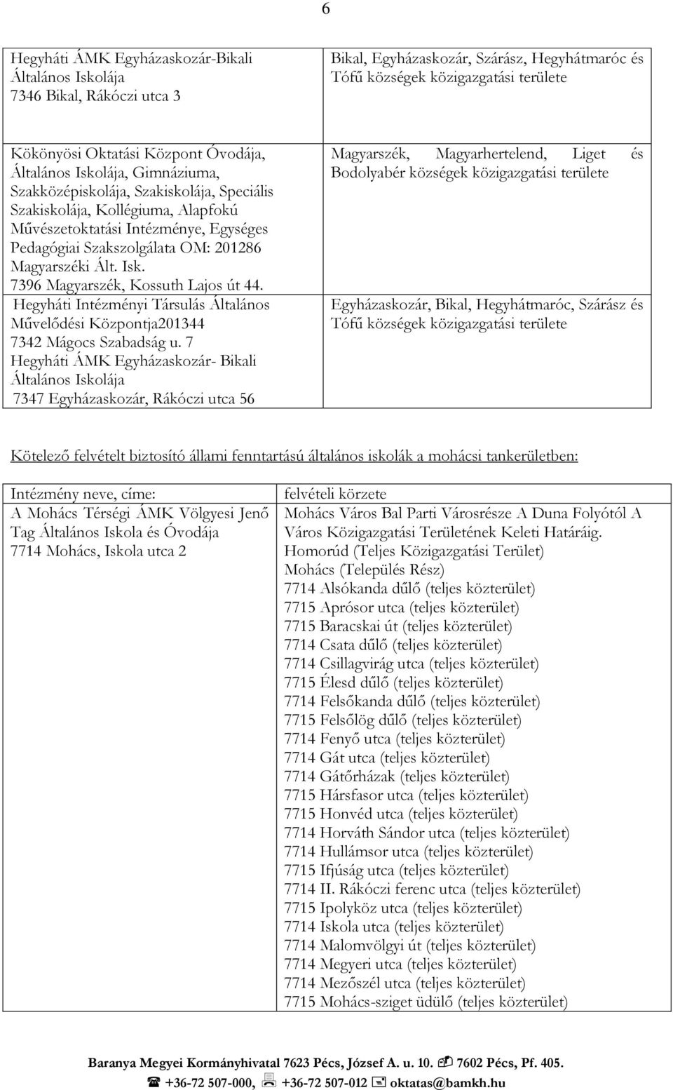 7396 Magyarszék, Kossuth Lajos út 44. Hegyháti Intézményi Társulás Általános Művelődési Központja201344 7342 Mágocs Szabadság u.