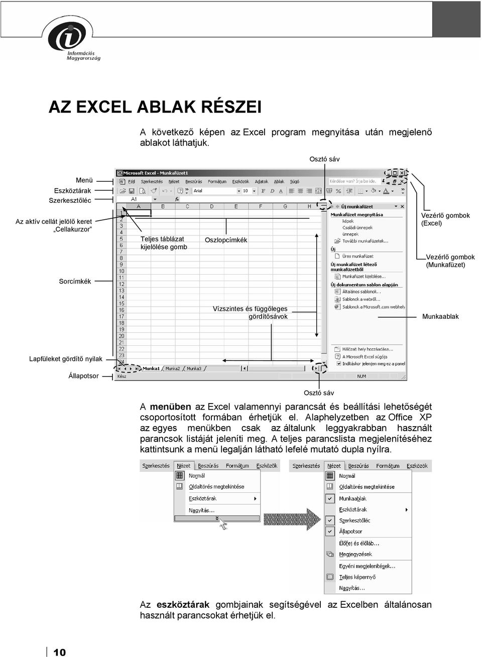 és függőleges gördítősávok Munkaablak Lapfüleket gördítő nyilak Állapotsor Osztó sáv A menüben az Excel valamennyi parancsát és beállítási lehetőségét csoportosított formában érhetjük el.