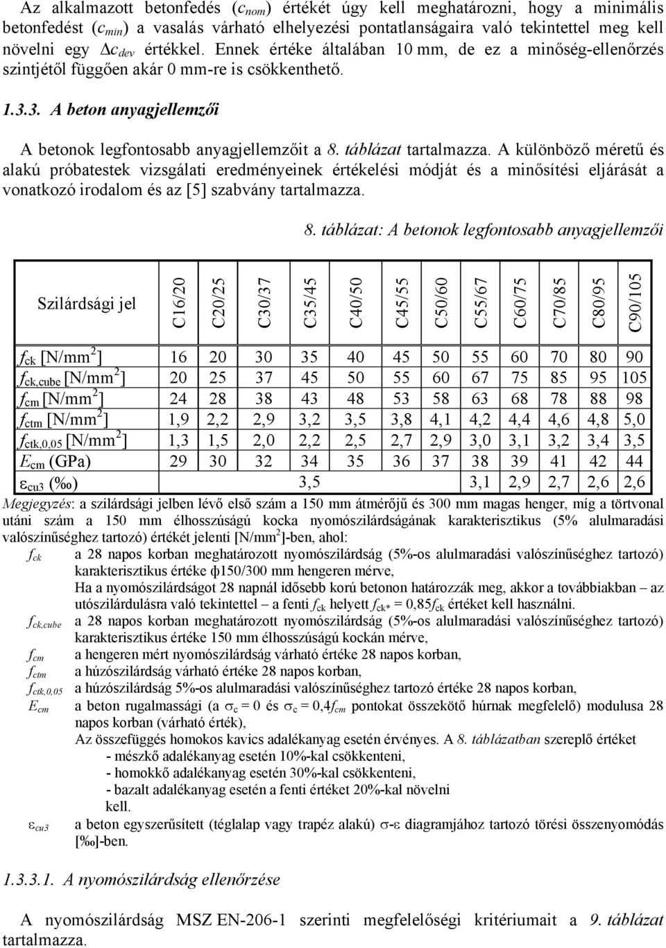 táblázat tartalmazza. A különböző méretű és alakú próbatestek vizsgálati eredményeinek értékelési módját és a minősítési eljárását a vonatkozó irodalom és az [5] szabvány tartalmazza. 8.