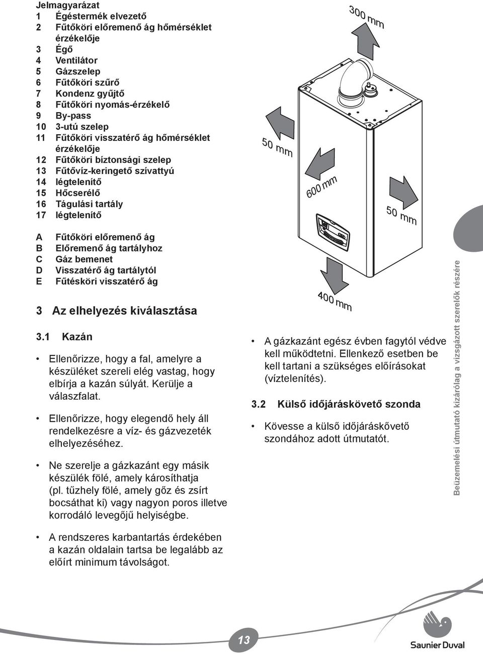 50 mm A B C D E Fűtőköri előremenő ág Előremenő ág tartályhoz Gáz bemenet Visszatérő ág tartálytól Fűtésköri visszatérő ág 3 Az elhelyezés kiválasztása 3.