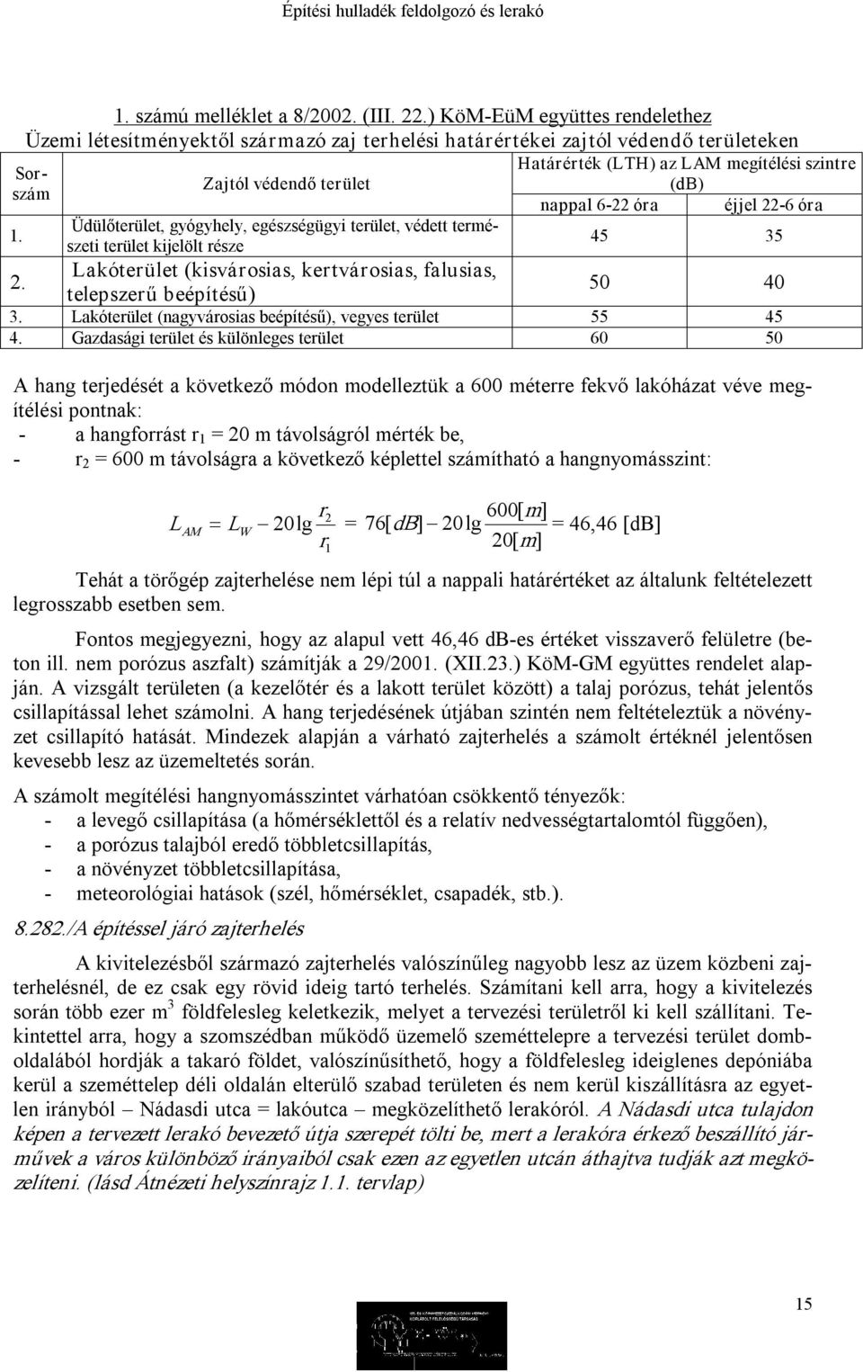 nappal 6 22 óra éjjel 22 6 óra 1. Üdülőterület, gyógyhely, egészségügyi terület, védett természeti terület kijelölt része 45 35 2.