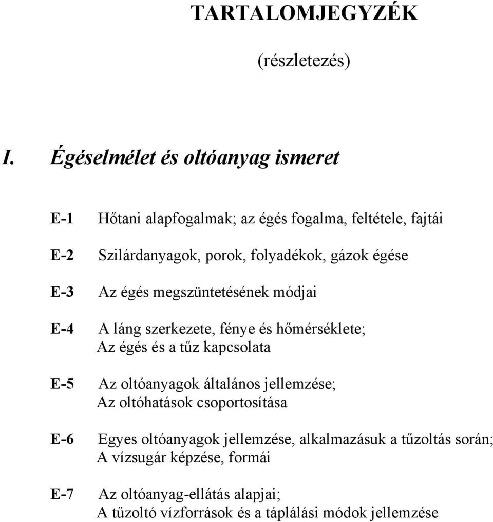 gázok égése E-3 Az égés megszüntetésének módjai E-4 A láng szerkezete, fénye és hőmérséklete; Az égés és a tűz kapcsolata E-5 Az