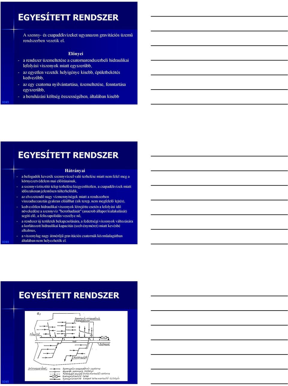 nyilvántartása, üzemeltetése, fenntartása egyszerűbb, - a beruházási költség összességében, általában kisebb EGYESÍTETT RENDSZER 3/24/4 Hátrányai - a befogadók keverék szennyvízzel való terhelése