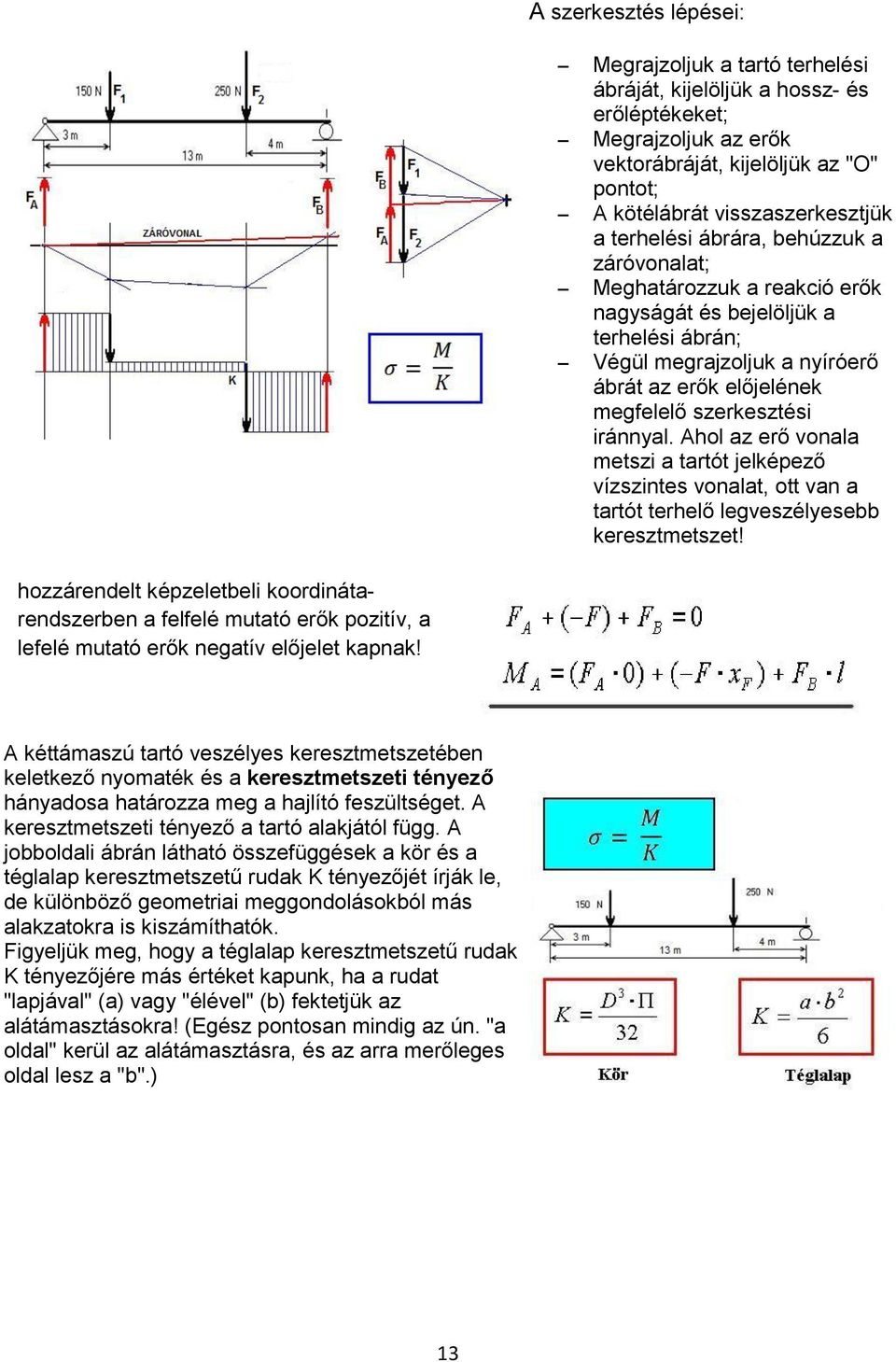 iránnyal. Ahol az erő vonala metszi a tartót jelképező vízszintes vonalat, ott van a tartót terhelő legveszélyesebb keresztmetszet!