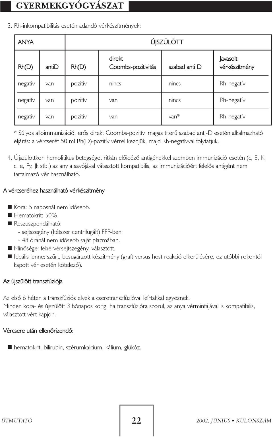 vércserét 50 ml Rh(D)-pozitív vérrel kezdjük, majd Rh-negatívval folytatjuk. 4. Újszülöttkori hemolitikus betegséget ritkán elõidézõ antigénekkel szemben immunizáció esetén (c, E, K, c, e, Fy, Jk stb.