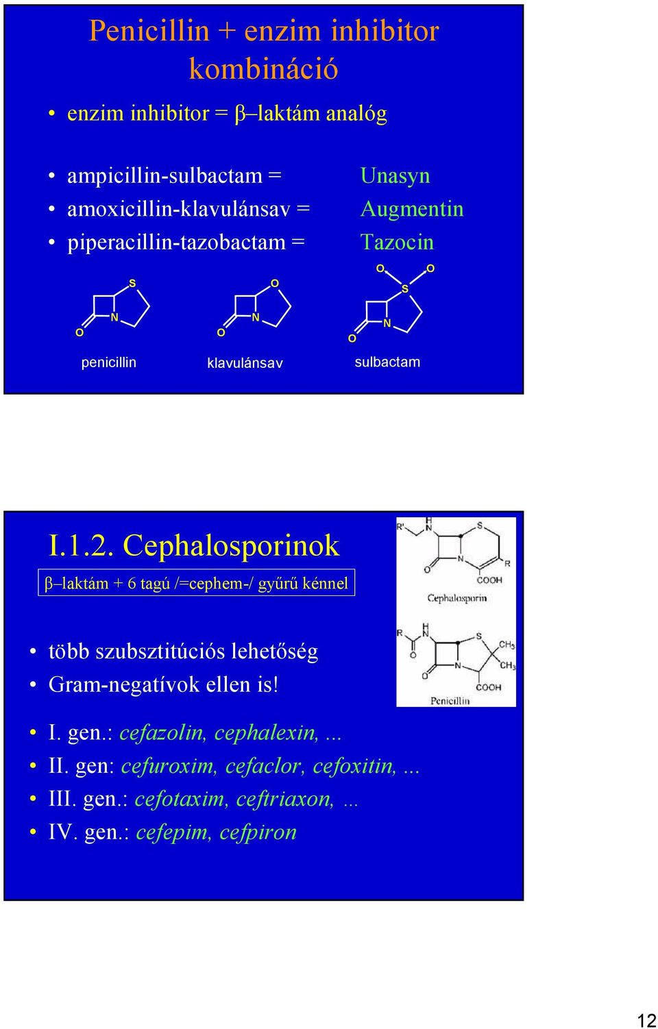 Cephalosporinok β laktám + 6 tagú /=cephem-/ győrő kénnel több szubsztitúciós lehetıség Gram-negatívok ellen is! I. gen.