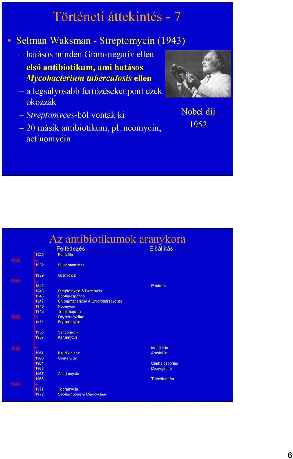 neomycin, actinomycin Nobel díj 1952 1930 Az antibiotikumok aranykora Felfedezés Discovery 1929 Penicillin 1932 Sulphonamides Elıállítás Introduction 1939 Gramicidin 1940 1942 Penicillin 1943