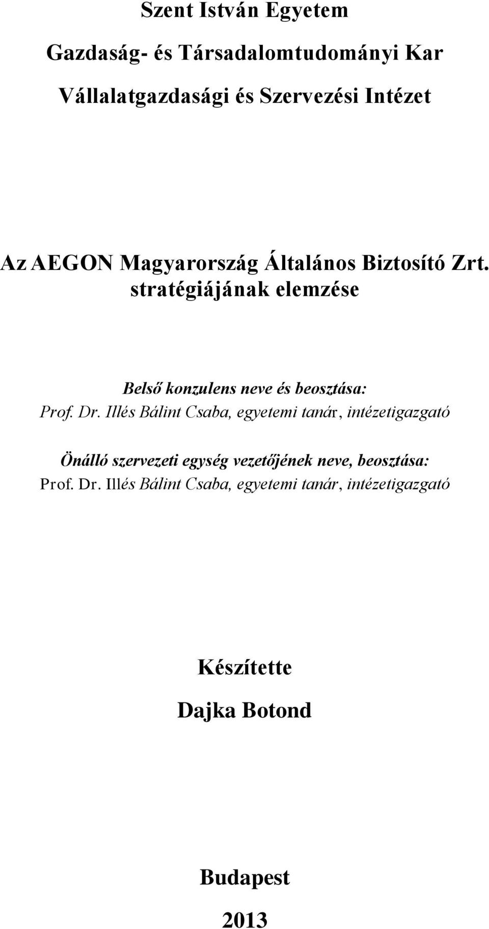 stratégiájának elemzése Belső konzulens neve és beosztása: Prof. Dr.