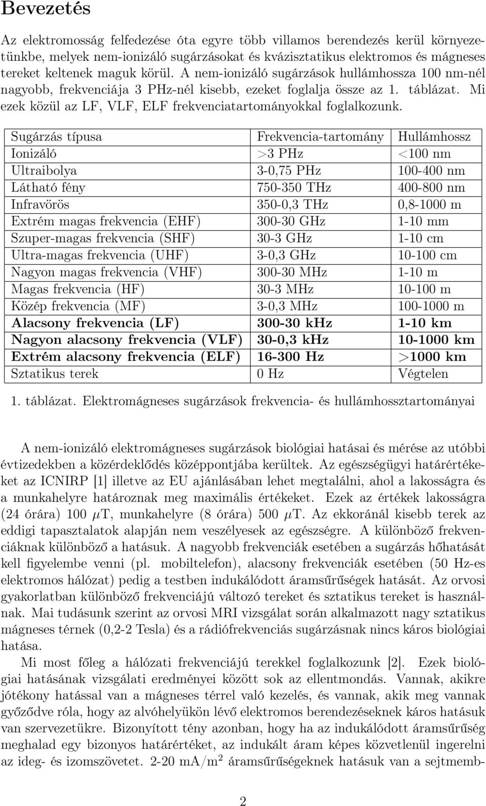 Sugárzás típusa Frekvencia-tartomány Hullámhossz Ionizáló >3 PHz <1 nm Ultraibolya 3-,75 PHz 1-4 nm Látható fény 75-35 THz 4-8 nm Infravörös 35-,3 THz,8-1 m Extrém magas frekvencia (EHF) 3-3 GHz 1-1