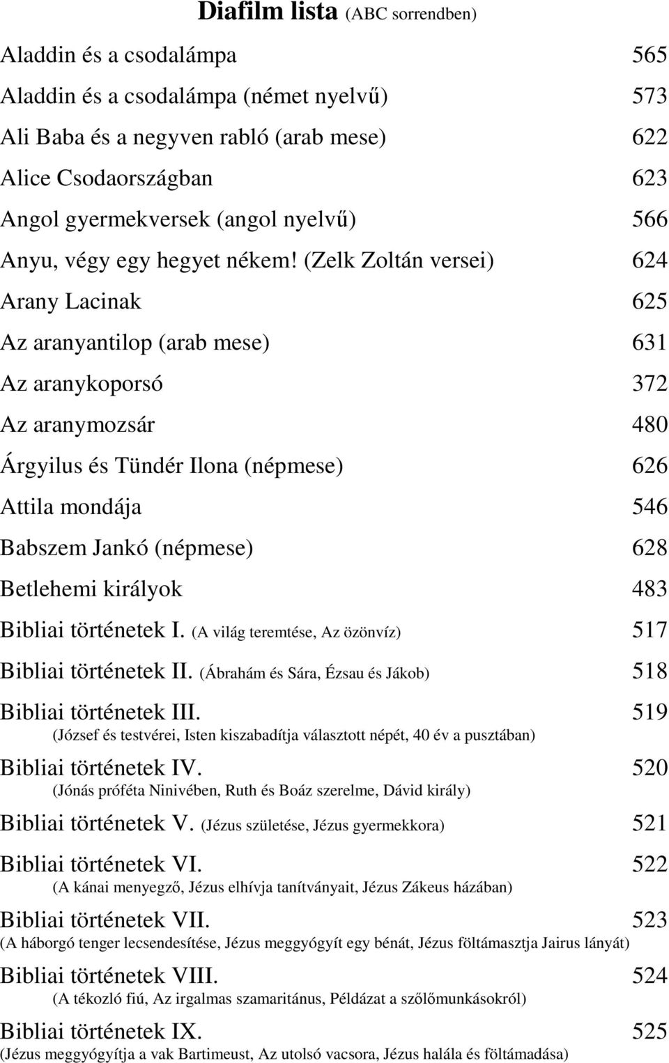 (Zelk Zoltán versei) 624 Arany Lacinak 625 Az aranyantilop (arab mese) 631 Az aranykoporsó 372 Az aranymozsár 480 Árgyilus és Tündér Ilona (népmese) 626 Attila mondája 546 Babszem Jankó (népmese) 628