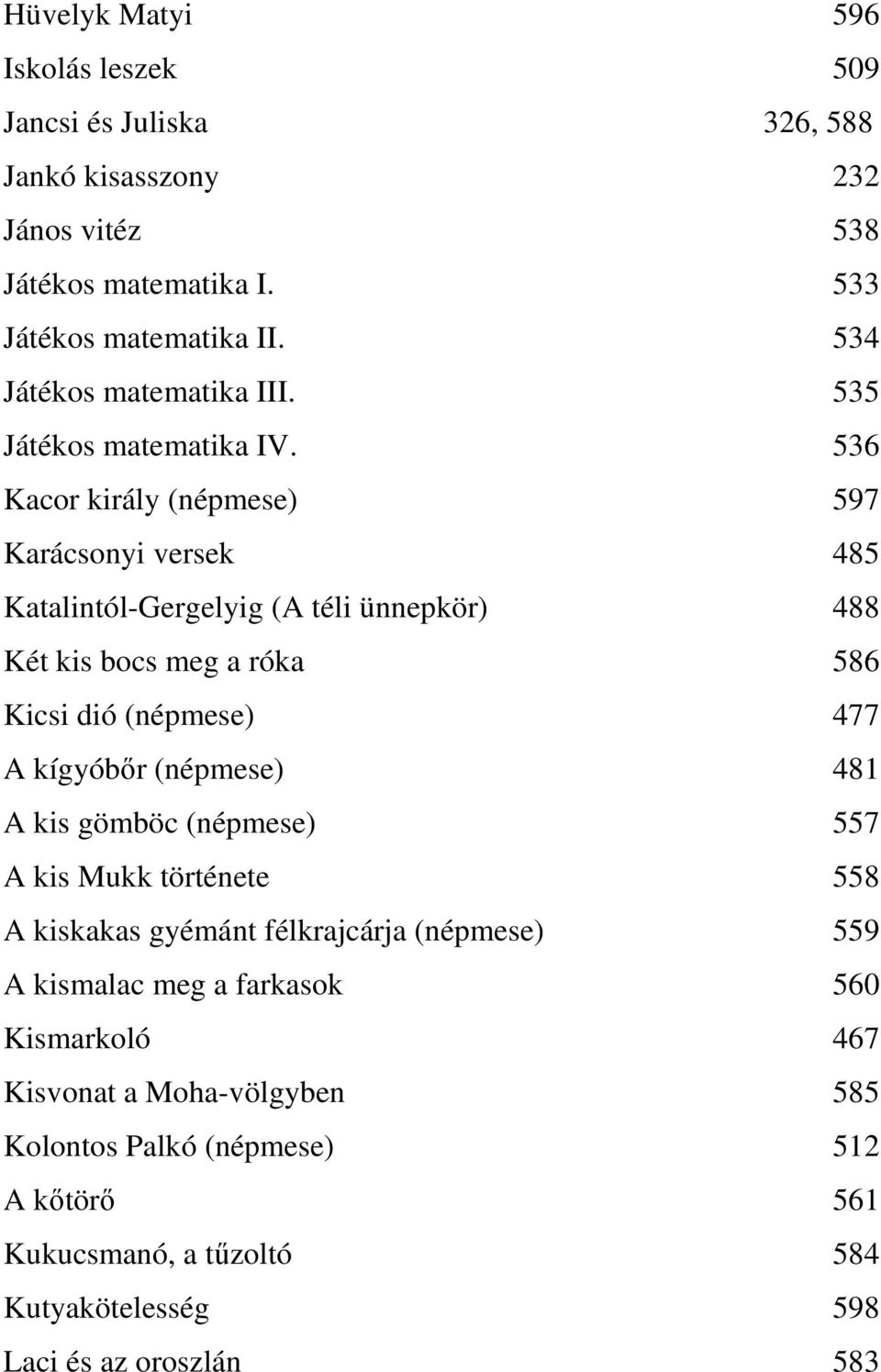 536 Kacor király (népmese) 597 Karácsonyi versek 485 Katalintól-Gergelyig (A téli ünnepkör) 488 Két kis bocs meg a róka 586 Kicsi dió (népmese) 477 A kígyóbőr