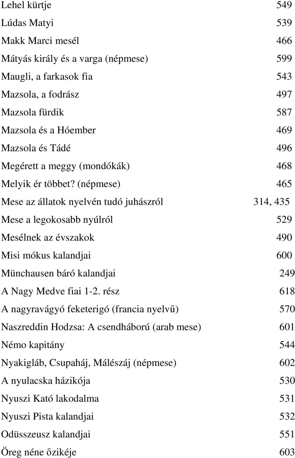 (népmese) 465 Mese az állatok nyelvén tudó juhászról 314, 435 Mese a legokosabb nyúlról 529 Mesélnek az évszakok 490 Misi mókus kalandjai 600 Münchausen báró kalandjai 249 A Nagy Medve