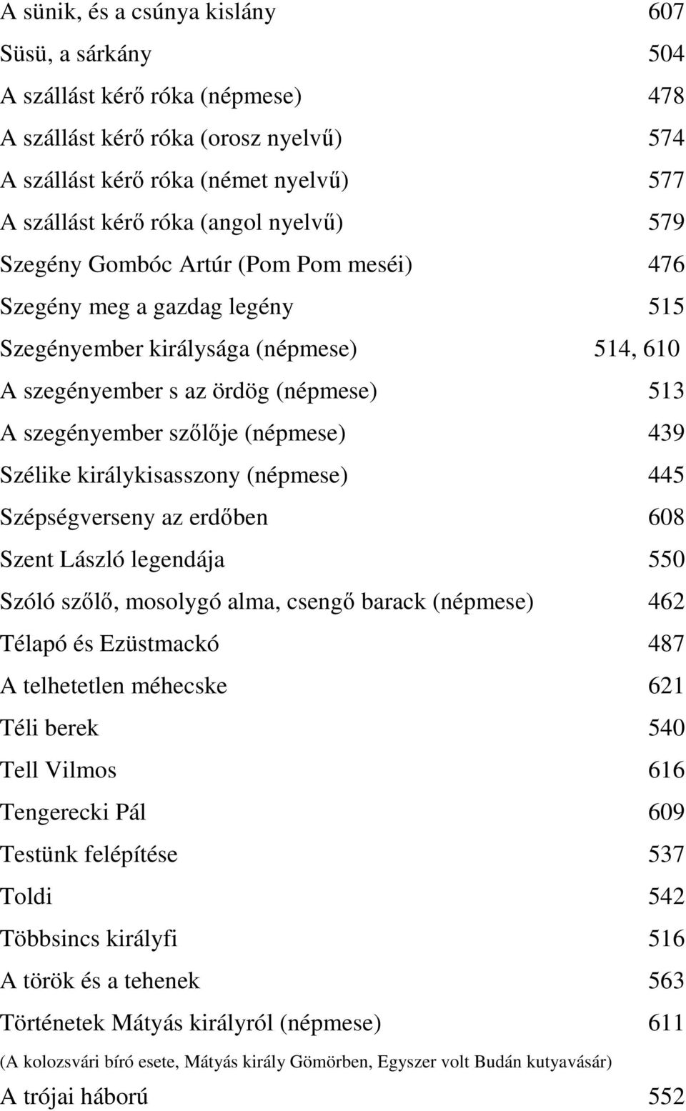 (népmese) 439 Szélike királykisasszony (népmese) 445 Szépségverseny az erdőben 608 Szent László legendája 550 Szóló szőlő, mosolygó alma, csengő barack (népmese) 462 Télapó és Ezüstmackó 487 A