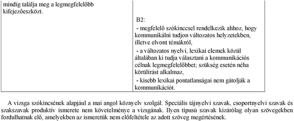 ki tudja választani a kommunikációs célnak legmegfelelőbbet; szükség esetén néha körülírást alkalmaz, - kisebb lexikai pontatlanságai nem gátolják a kommunikációt.