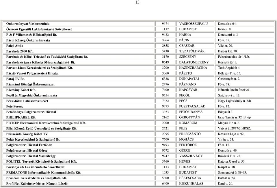 3170 SZÉCSÉNY Felszabadulás tér 1/1/b. Parabola és társa Kábeles Műsorszolgáltató Bt. 8649 BALATONBERÉNY Kossuth tér 1. Parisat-Lines Kereskedelmi és Szolgáltató Kft.