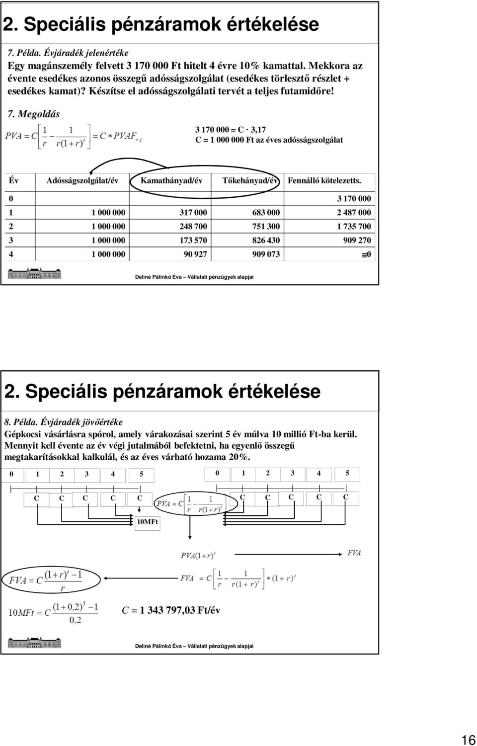 Megoldás 3 170 000 = C 3,17 C = 1 000 000 Ft az éves adósságszolgálat Év Adósságszolgálat/év Kamathányad/év Tőkehányad/év Fennálló kötelezetts.