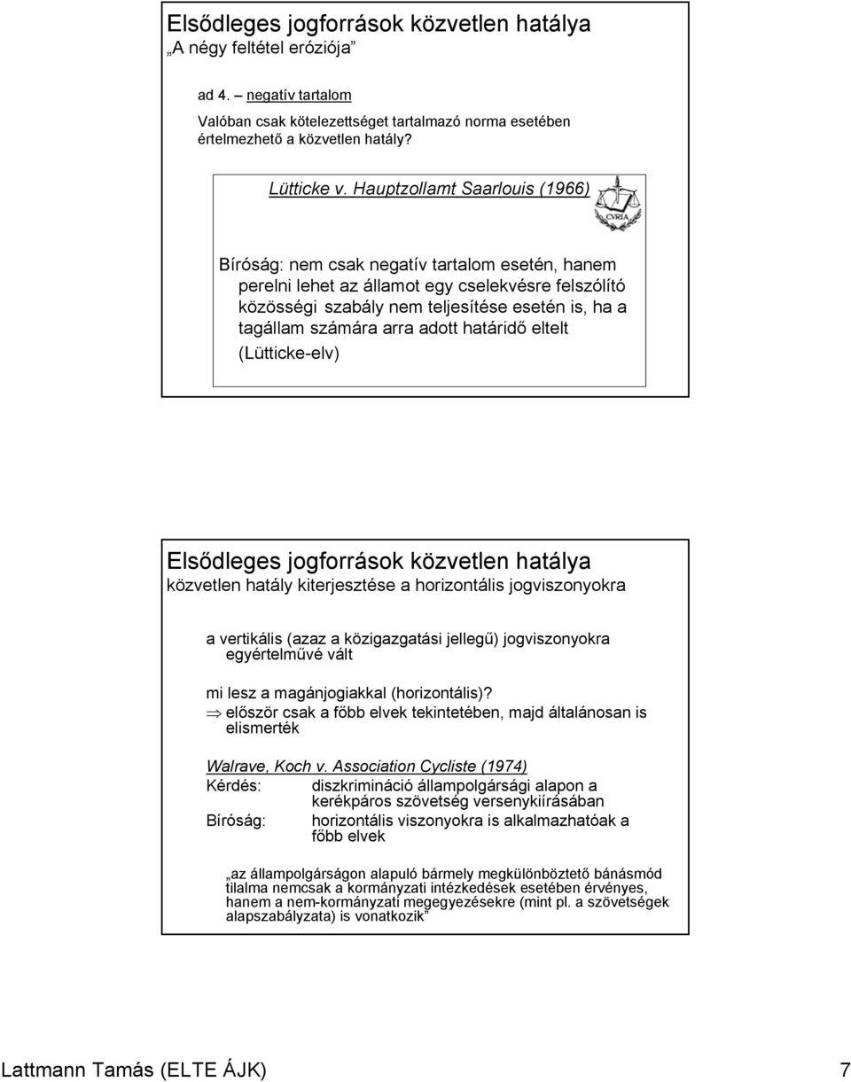 arra adott határidő eltelt (Lütticke-elv) Elsődleges jogforrások közvetlen hatálya közvetlen hatály kiterjesztése a horizontális jogviszonyokra a vertikális (azaz a közigazgatási jellegű)