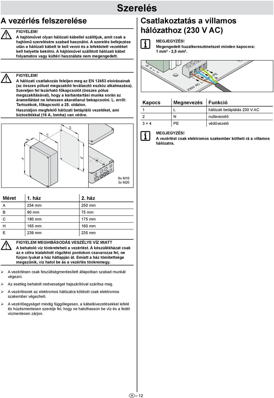 Szerelés Csatlakoztatás a villamos hálózathoz (0 V AC) Megengedett huzalkeresztmetszet minden kapocsra: mm² -,5 mm².