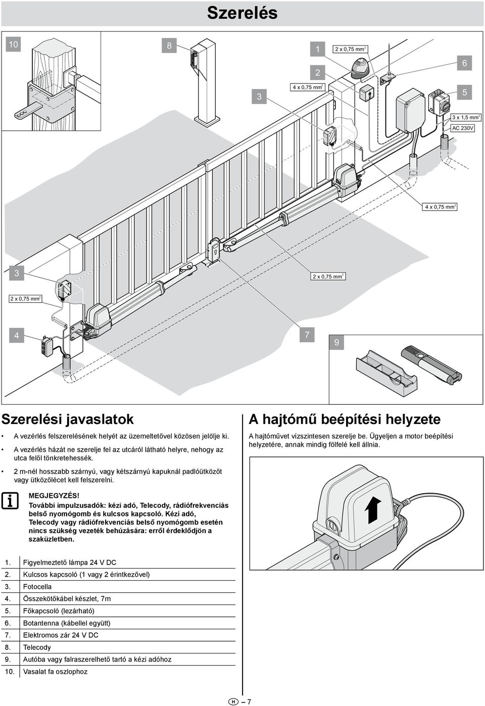 m-nél hosszabb szárnyú, vagy kétszárnyú kapuknál padlóütközőt vagy ütközőlécet kell felszerelni. A hajtómű beépítési helyzete A hajtóművet vízszintesen szerelje be.