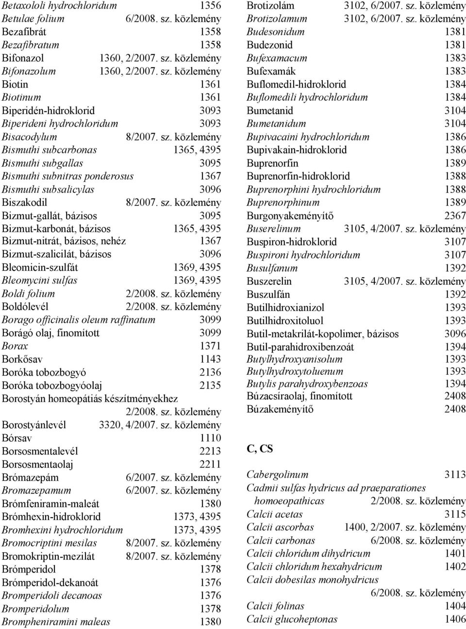 közlemény Biotin 1361 Biotinum 1361 Biperidén-hidroklorid 3093 Biperideni hydrochloridum 3093 Bisacodylum Bismuthi subcarbonas 1365, 4395 Bismuthi subgallas 3095 Bismuthi subnitras ponderosus 1367