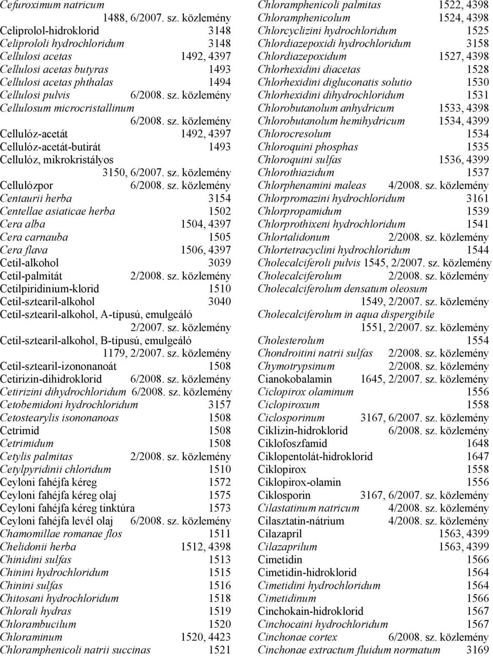 microcristallinum Cellulóz-acetát 1492, 4397 Cellulóz-acetát-butirát 1493 Cellulóz, mikrokristályos 3150, 6/2007. sz.