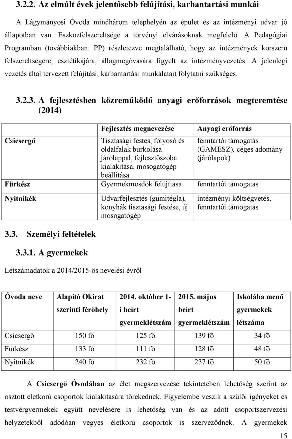 A Pedagógiai Programban (továbbiakban: PP) részletezve megtalálható, hogy az intézmények korszerű felszereltségére, esztétikájára, állagmegóvására figyelt az intézményvezetés.