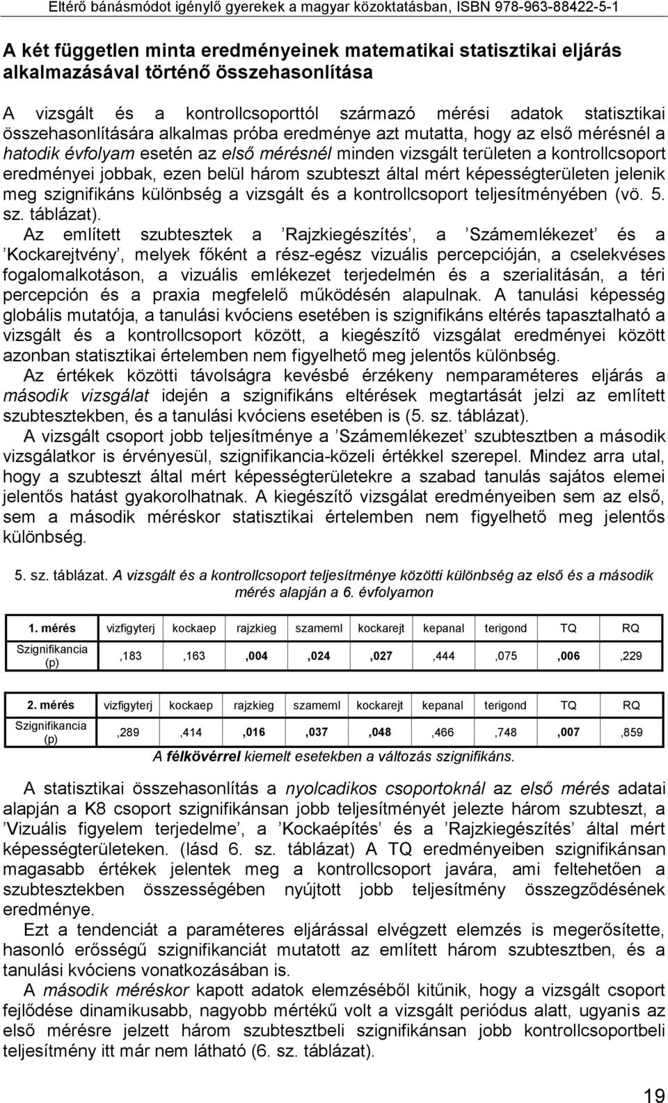 mért képességterületen jelenik meg szignifikáns különbség a vizsgált és a kontrollcsoport teljesítményében (vö. 5. sz. táblázat).