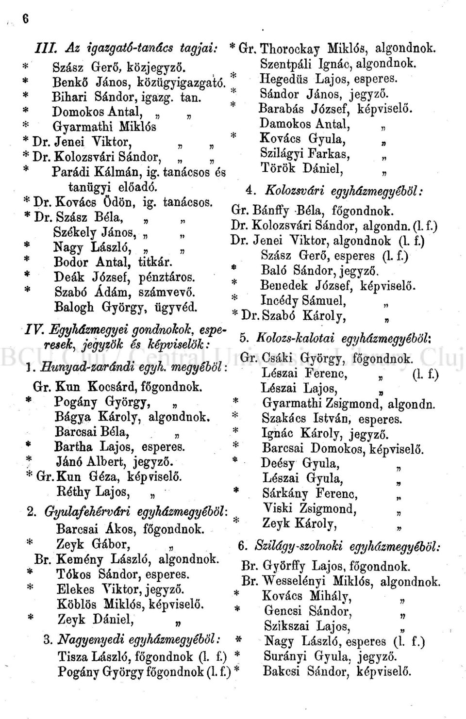 Szabó Ádám, számvevő. Balogh György, ügyvéd. IV. Egyházmegyei gondnokok, esperesek, jegyzők és képviselők:. Hunyad-zarándi egyh. megyéből: Gr. Kun Kocsárd, főgondnok.