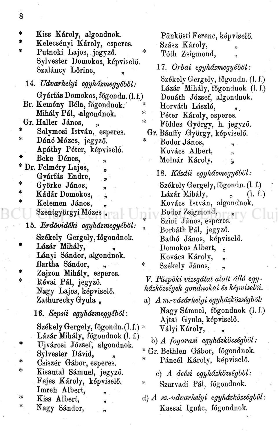 Sylvester Dávid, * Csiszér Gábor, esperes. * Kisantal Sámuel, jegyző. Fejes Károly, képviselő. Imreh Albert, * Kiss Albert,,, * Nagy Sándor, Pünkösti Ferenc, képviselő. Szász Károly, ' Tóth Zsigmond,.