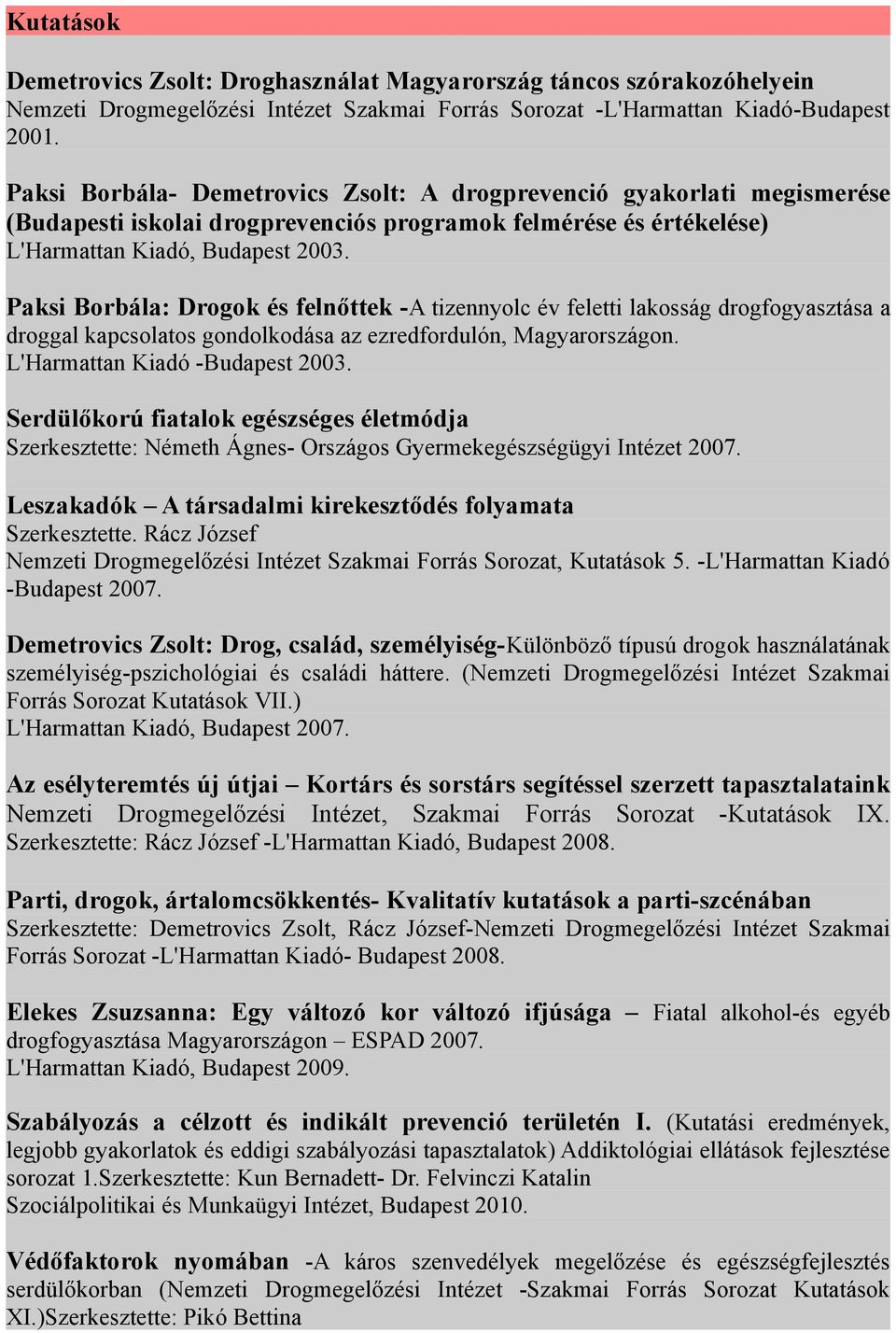 Paksi Borbála: Drogok és felnőttek -A tizennyolc év feletti lakosság drogfogyasztása a droggal kapcsolatos gondolkodása az ezredfordulón, Magyarországon. L'Harmattan Kiadó -Budapest 2003.