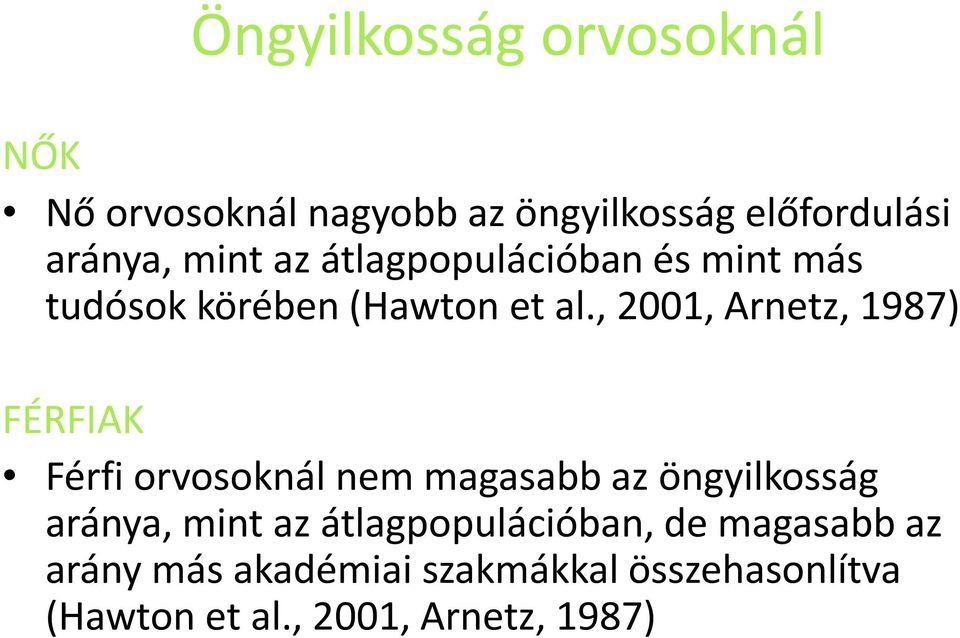 , 2001, Arnetz, 1987) FÉRFIAK Férfi orvosoknál nem magasabb az öngyilkosság aránya, mint