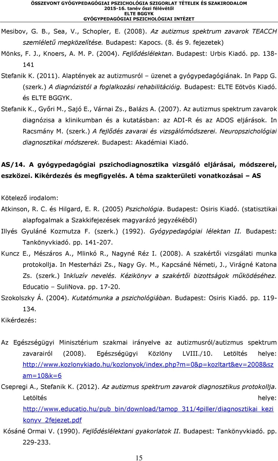 Budapest: ELTE Eötvös Kiadó. és. Stefanik K., Győri M., Sajó E., Várnai Zs., Balázs A. (2007). Az autizmus spektrum zavarok diagnózisa a klinikumban és a kutatásban: az ADI-R és az ADOS eljárások.