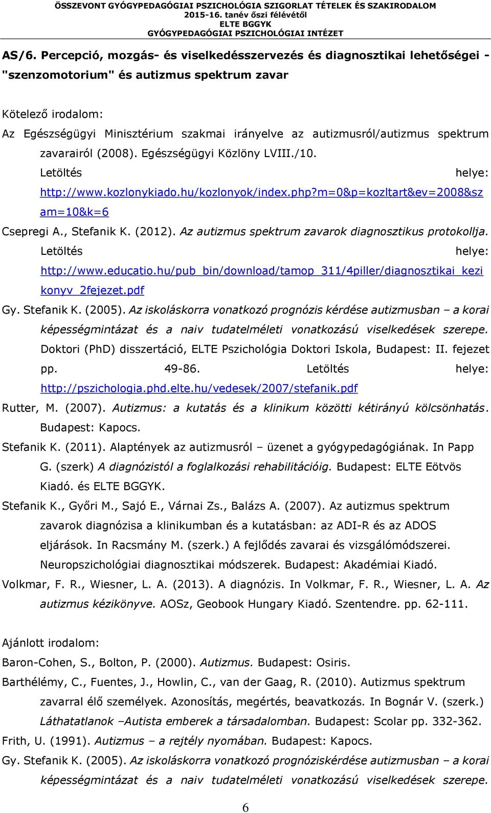 Az autizmus spektrum zavarok diagnosztikus protokollja. Letöltés helye: http://www.educatio.hu/pub_bin/download/tamop_311/4piller/diagnosztikai_kezi konyv_2fejezet.pdf Gy. Stefanik K. (2005).