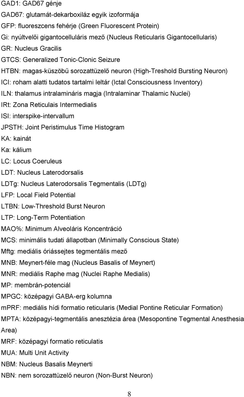 Inventory) ILN: thalamus intralamináris magja (Intralaminar Thalamic Nuclei) IRt: Zona Reticulais Intermedialis ISI: interspike-intervallum JPSTH: Joint Peristimulus Time Histogram KA: kainát Ka: