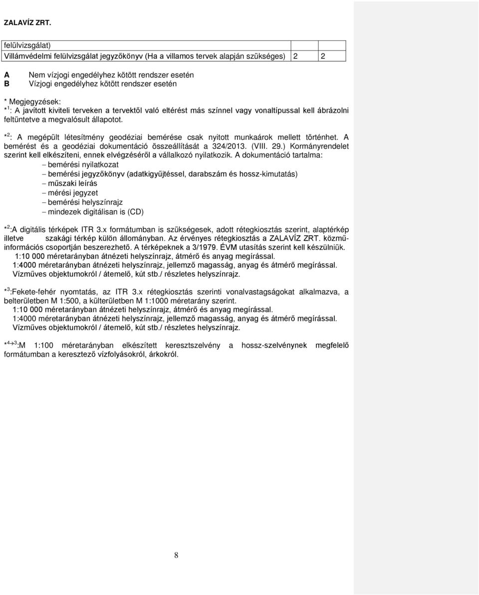 * 2 : A megépült létesítmény geodéziai bemérése csak nyitott munkaárok mellett történhet. A bemérést és a geodéziai dokumentáció összeállítását a 324/2013. (VIII. 29.