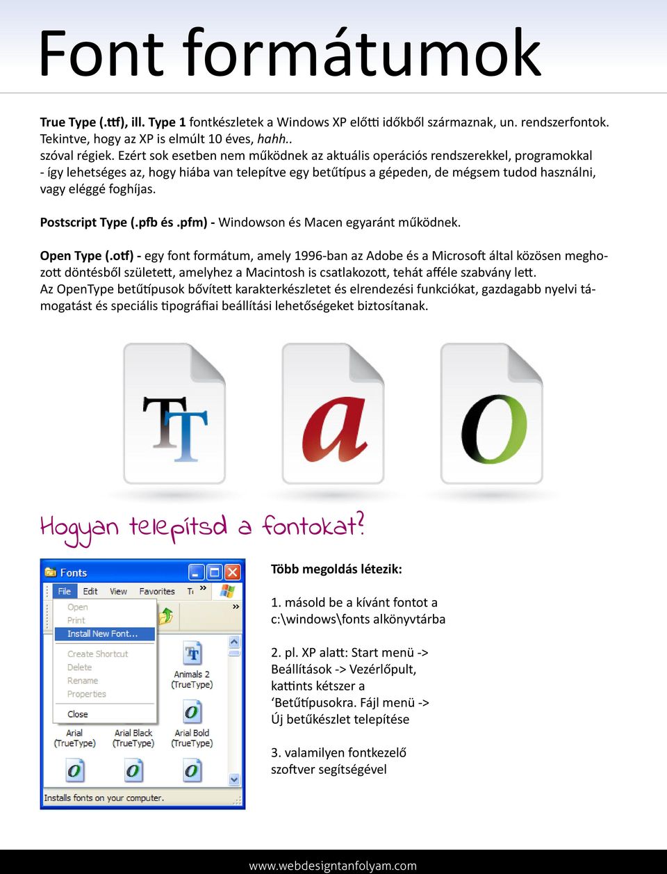 Postscript Type (.pfb és.pfm) - Windowson és Macen egyaránt működnek. Open Type (.