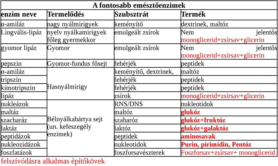 laktóz peptidek nukleotidok foszforsavészterek Gyomor-fundus fősejt Hasnyálmirigy Bélnyálkahártya sejt (un.