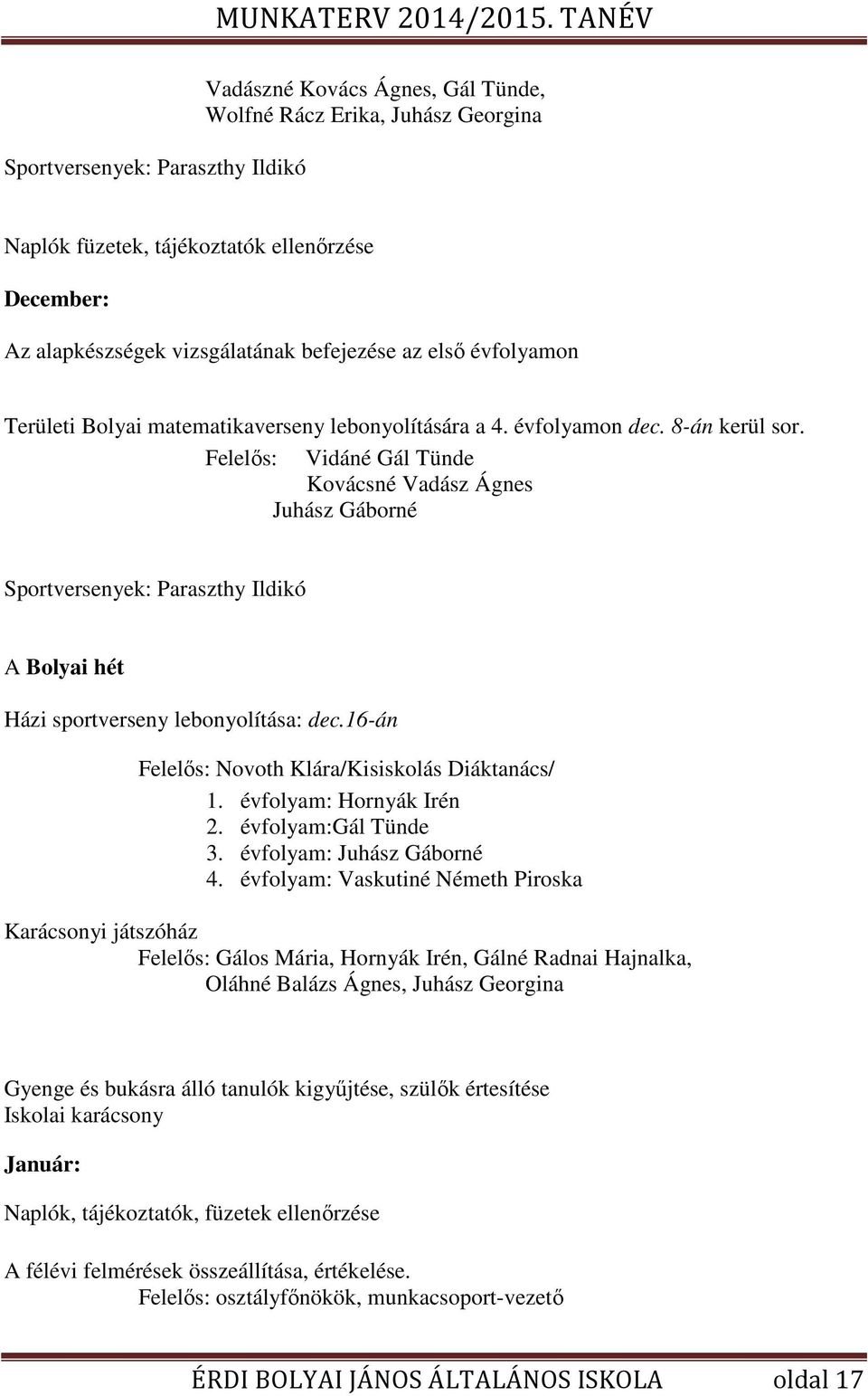 Felelős: Vidáné Gál Tünde Kovácsné Vadász Ágnes Juhász Gáborné Sportversenyek: Paraszthy Ildikó A Bolyai hét Házi sportverseny lebonyolítása: dec.16-án Felelős: Novoth Klára/Kisiskolás Diáktanács/ 1.