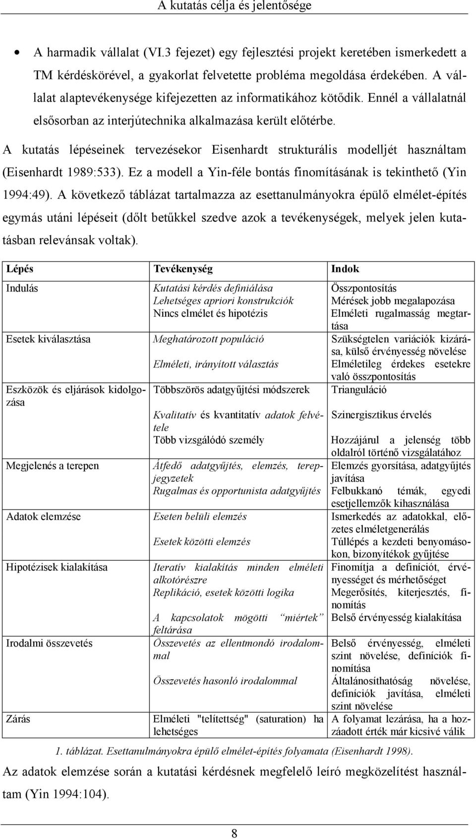 A kutatás lépéseinek tervezésekor Eisenhardt strukturális modelljét használtam (Eisenhardt 1989:533). Ez a modell a Yin-féle bontás finomításának is tekinthető (Yin 1994:49).