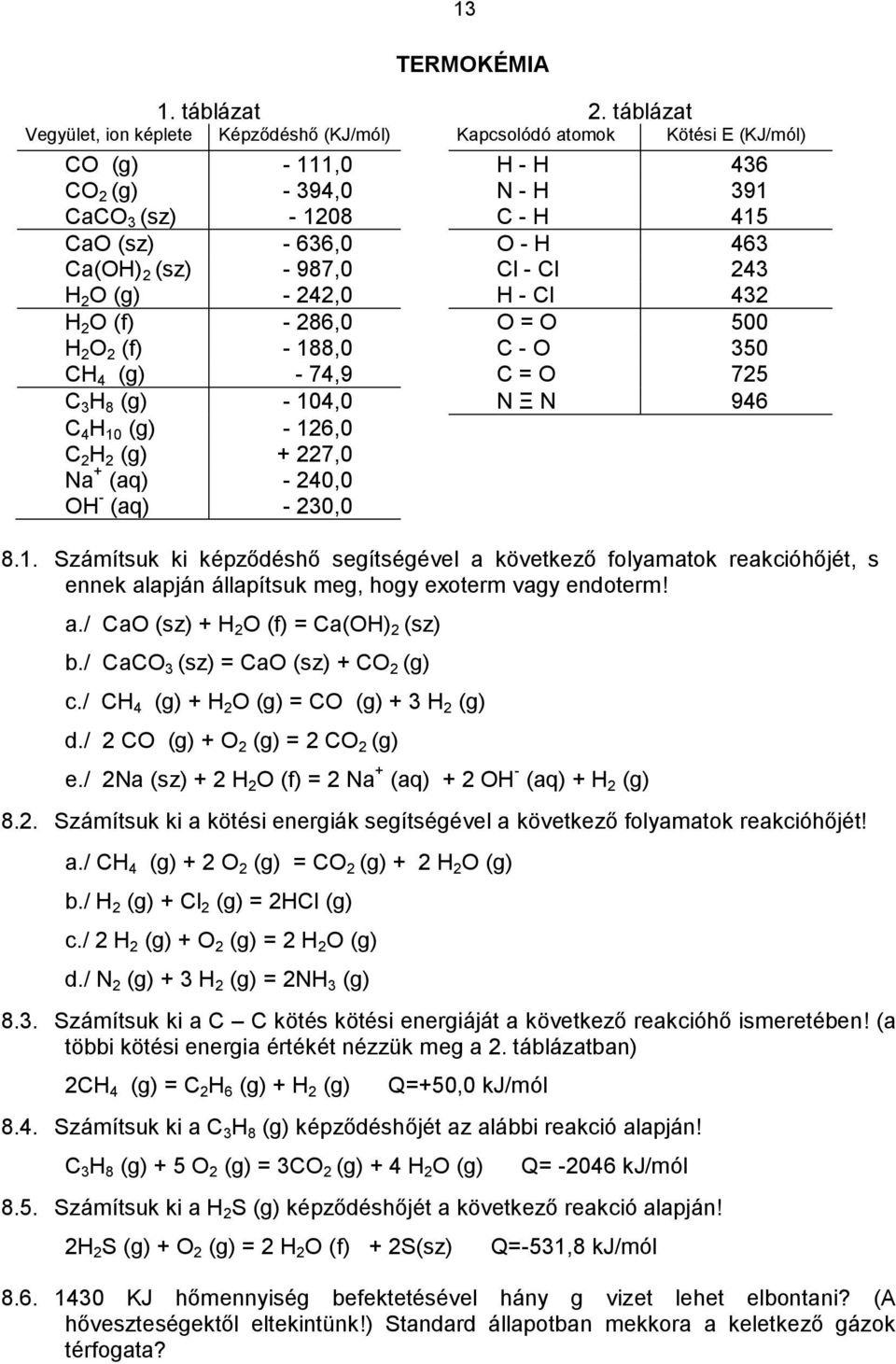 Ca(OH) 2 (sz) - 987,0 Cl - Cl 243 H 2 O (g) - 242,0 H - Cl 432 H 2 O (f) - 286,0 O = O 500 H 2 O 2 (f) - 188,0 C - O 350 CH 4 (g) - 74,9 C = O 725 C 3 H 8 (g) - 104,0 N Ξ N 946 C 4 H 10 (g) - 126,0 C