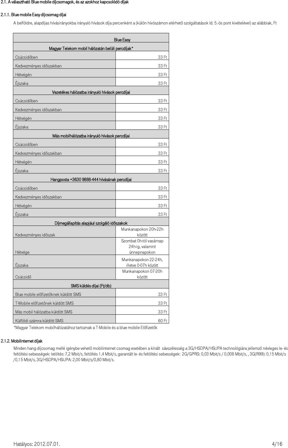 Csúcsidıben Kedvezményes idıszakban Hétvégén Éjszaka Blue Easy Magyar Telekom mobil hálózat h álózatán n belüli percdíjak* Vezetékes hálózatba irányuló hívások percdíjai Más mobilhálózatba irányuló