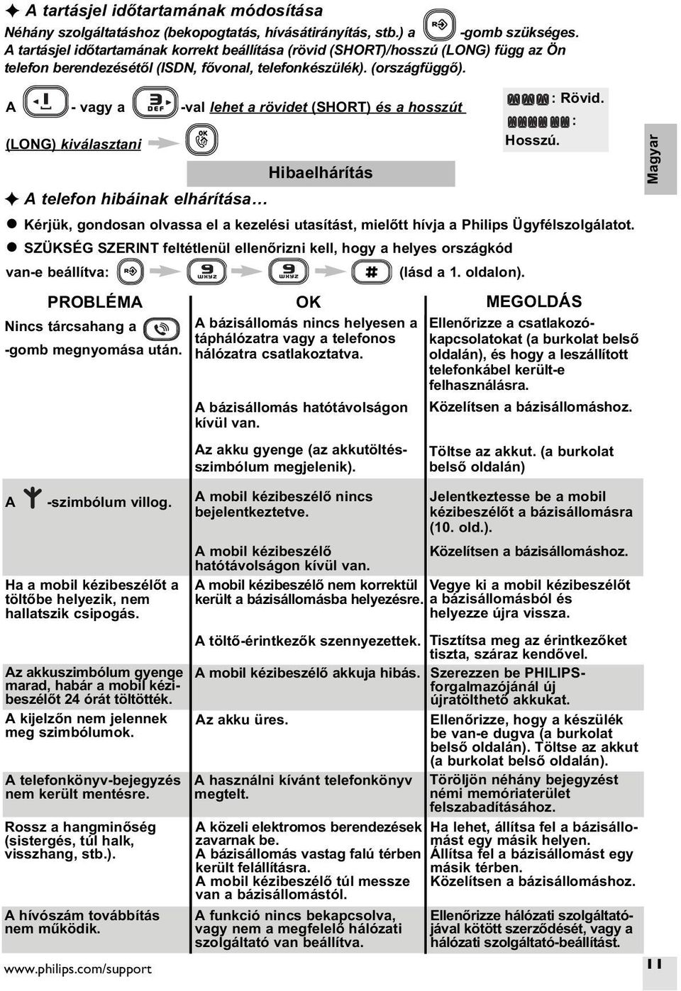 A - a -val lehet a rövidet (SHORT) és a hosszút (LONG) kiválasztani F A telefon hibáinak elhárítása l Kérjük, gondosan olvassa el a kezelési utasítást, mielõtt hívja a Philips Ügyfélszolgálatot.