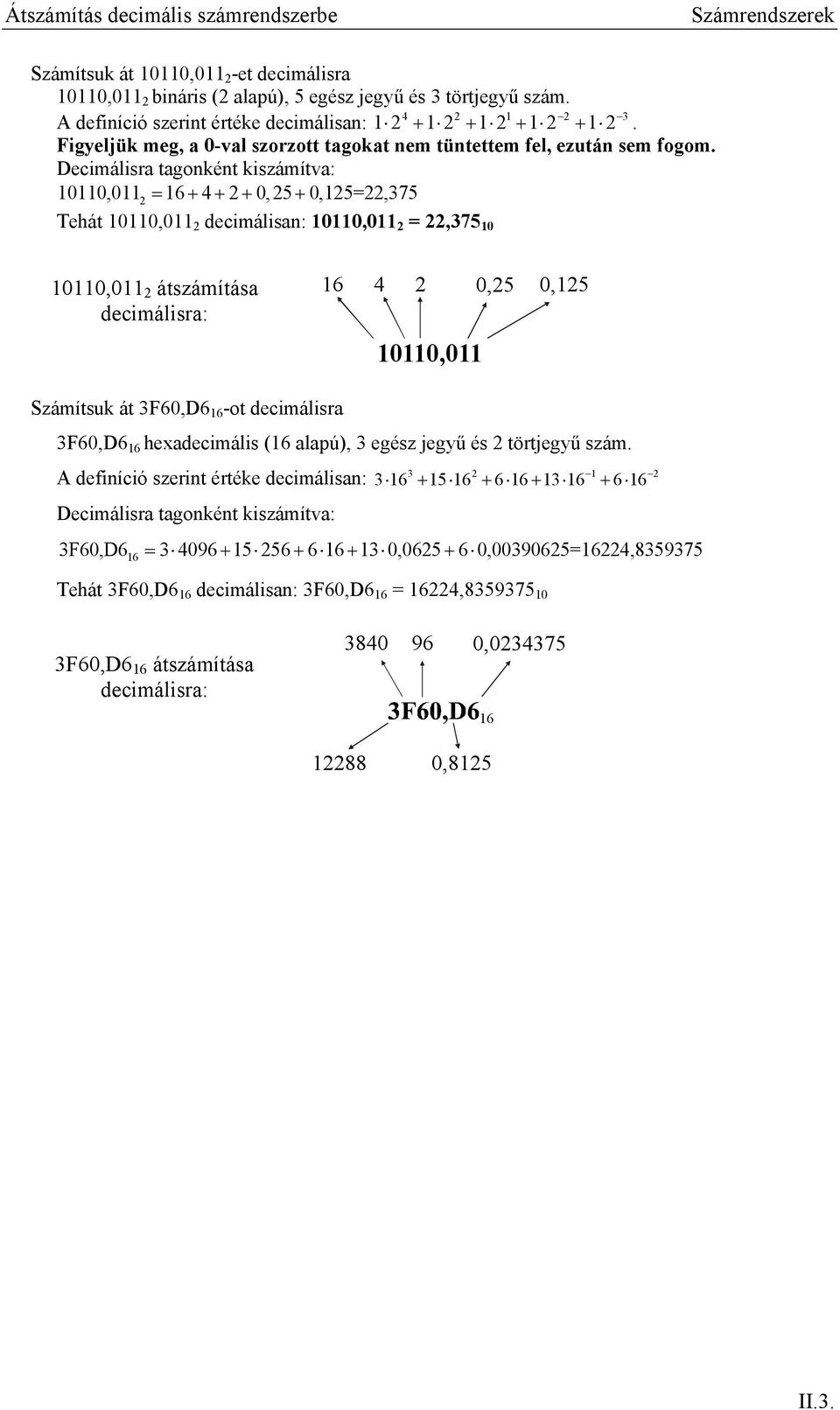 Decimálisra tagonként kiszámítva:, = 6 + + +, 5 +,5=,75 Tehát, decimálisan:, =,75, átszámítása decimálisra: 6,5,5, Számítsuk át F6,D6 6 -ot decimálisra F6,D6 6 hexadecimális (6
