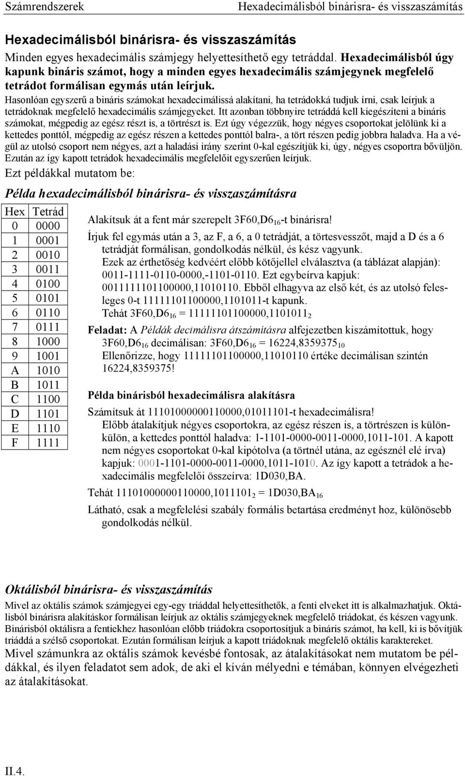 Hasonlóan egyszerű a bináris számokat hexadecimálissá alakítani, ha tetrádokká tudjuk írni, csak leírjuk a tetrádoknak megfelelő hexadecimális számjegyeket.