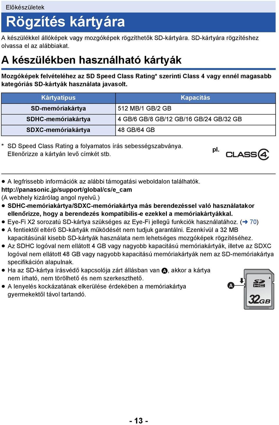 Kártyatípus SD-memóriakártya SDHC-memóriakártya SDXC-memóriakártya Kapacitás 512MB/1GB/2GB 4GB/6GB/8GB/12GB/16GB/24GB/32GB 48 GB/64 GB * SD Speed Class Rating a folyamatos írás sebességszabványa.